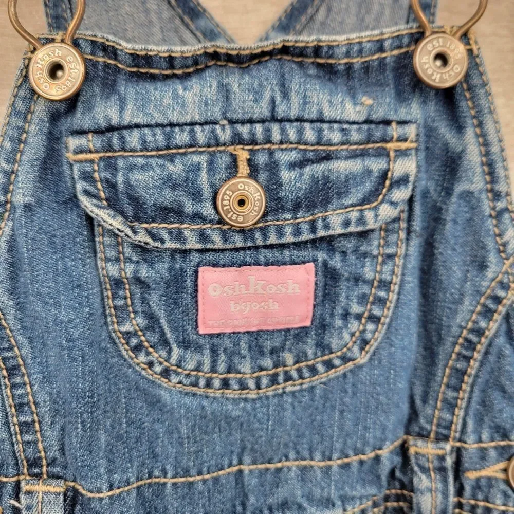 Oshkosh Vestbak Denim Blue Jean Kids Overalls Girls Pink Accents Size 2T